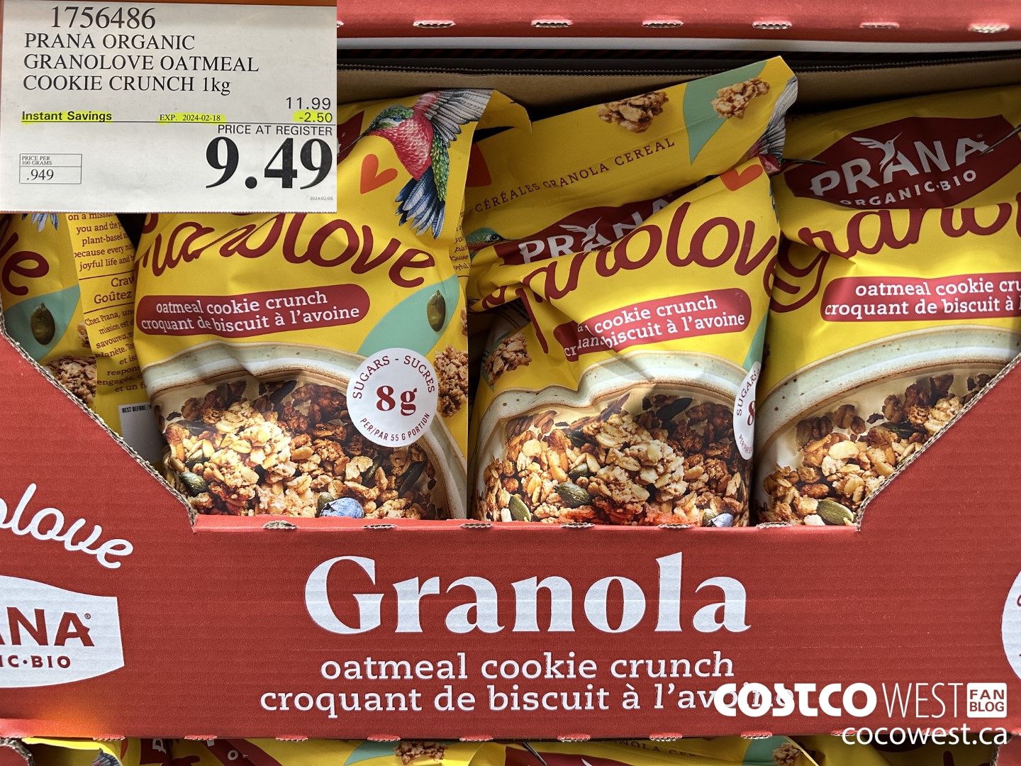 1756486 PRANA ORGANIC GRANOLOVE OATMEAL COOKIE CRUNCH 1 KG ($2.50 INSTANT SAVINGS EXPIRES ON 2024-02-18) $9.49