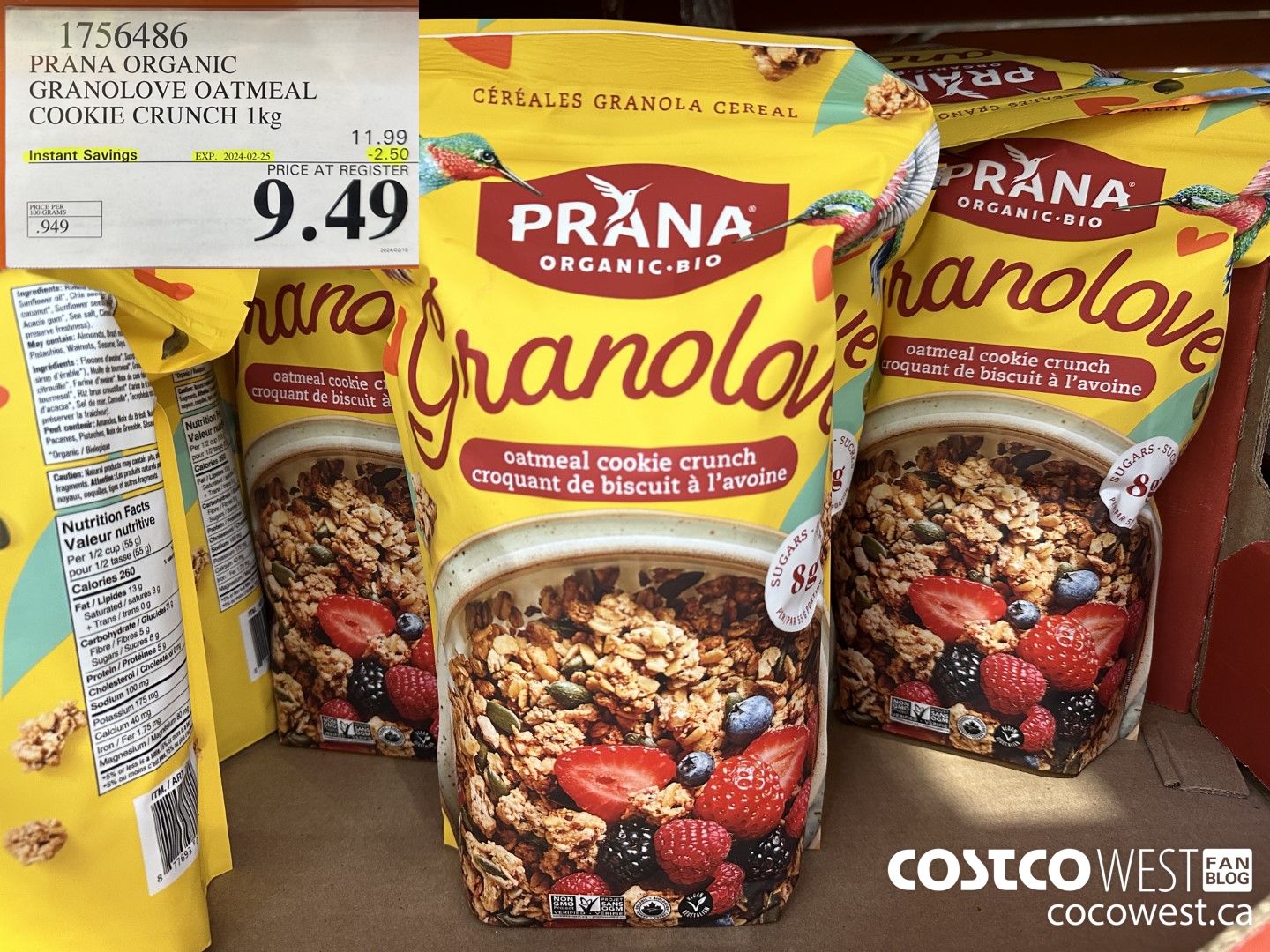 1756486 PRANA ORGANIC GRANOLOVE OATMEAL COOKIE CRUNCH 1 KG ($2.50 INSTANT SAVINGS EXPIRES ON 2024-02-25) $9.49