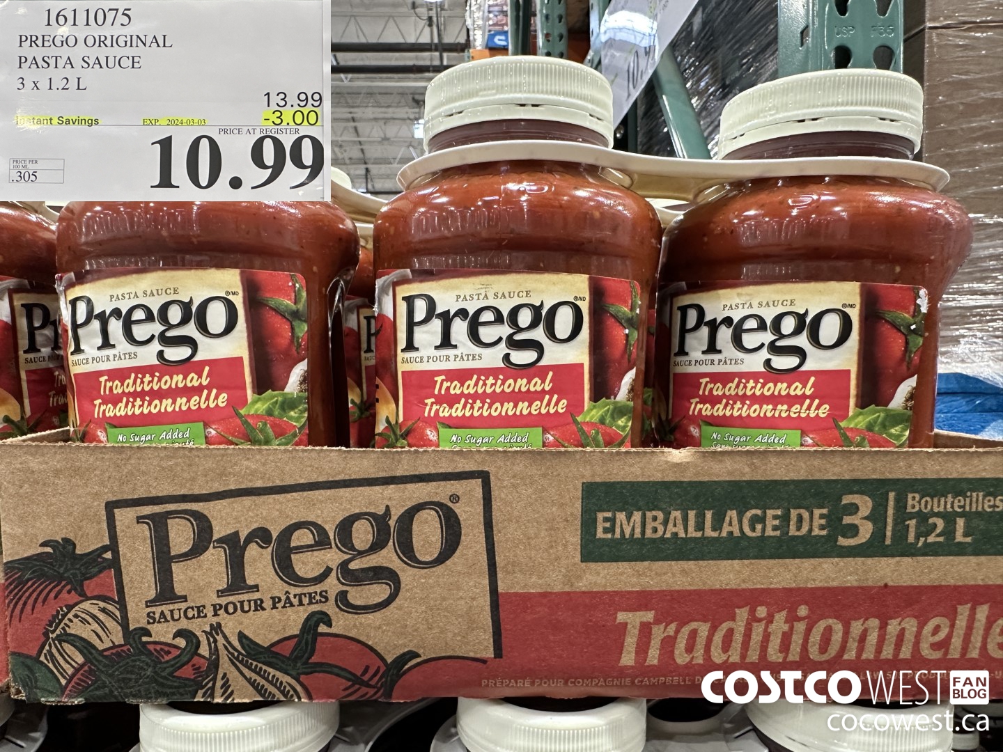 1611075 PREGO ORIGINAL PASTA SAUCE 3 X 1.2 L ($3.00 INSTANT SAVINGS EXPIRES ON 2024-03-03) $10.99