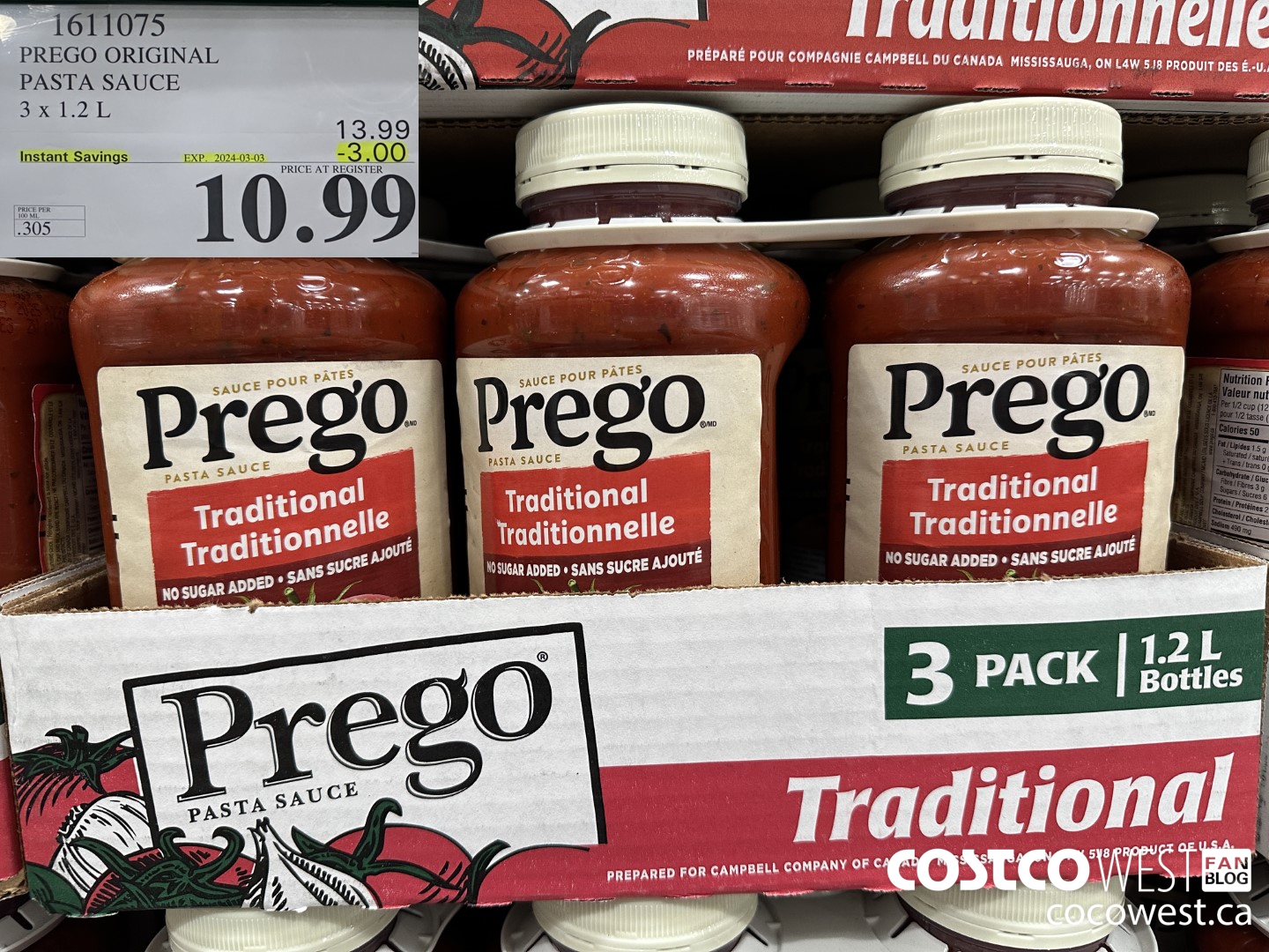 1611075 PREGO ORIGINAL PASTA SAUCE 3 X 1.2 L ($3.00 INSTANT SAVINGS EXPIRES ON 2024-03-03) $10.99