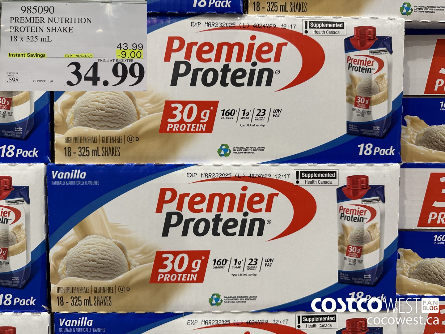 985090 PREMIER NUTRITION PROTEIN SHAKE 18 x 325 mL ($9.00 INSTANT SAVINGS EXPIRES ON 2024-02-25) $34.99