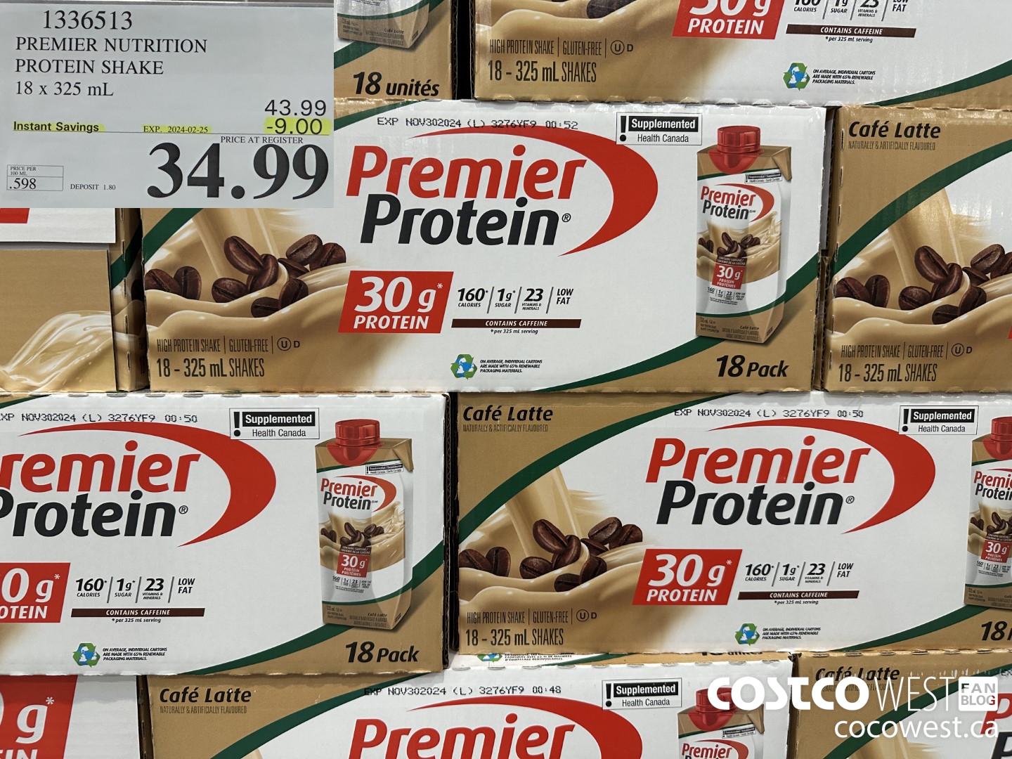 1336513 PREMIER PROTEIN SHAKE CAFE LATTE 11 FL OZ/18 PK ($9.00 INSTANT SAVINGS EXPIRES ON 2024-02-25) $34.99
