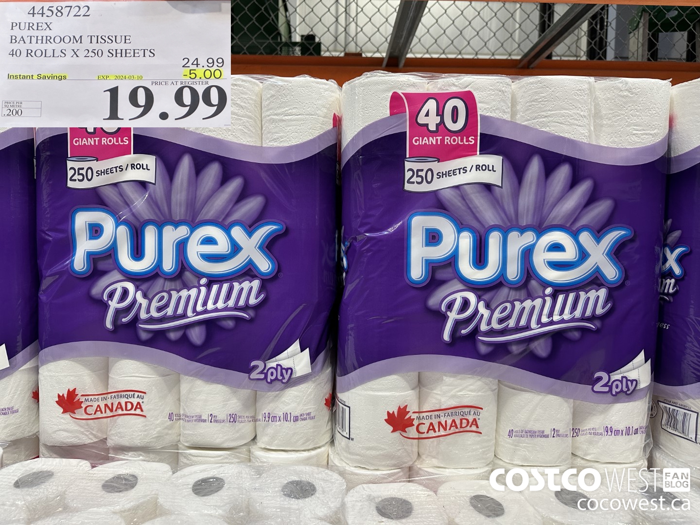 4458722 PUREX BATHROOM TISSUE 40 ROLLS X 250 SHEETS ($5.00 INSTANT SAVINGS EXPIRES ON 2024-03-10) $19.99