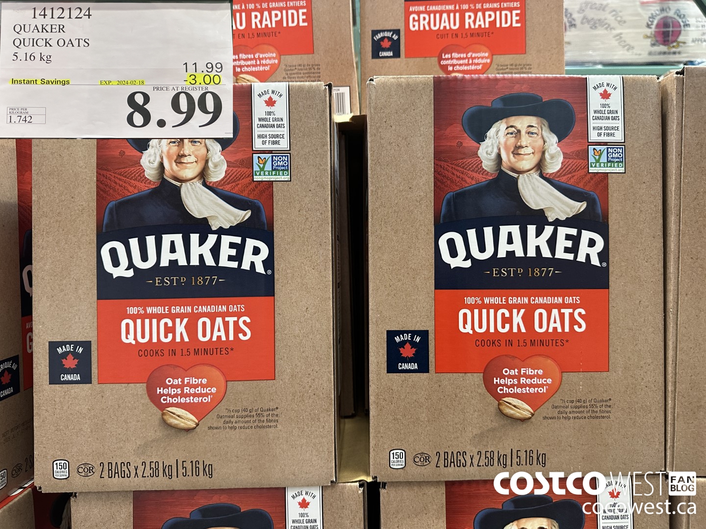 1412124 QUAKER QUICK OATS 5.16 kg ($3.00 INSTANT SAVINGS EXPIRES ON 2024-02-18) $8.99