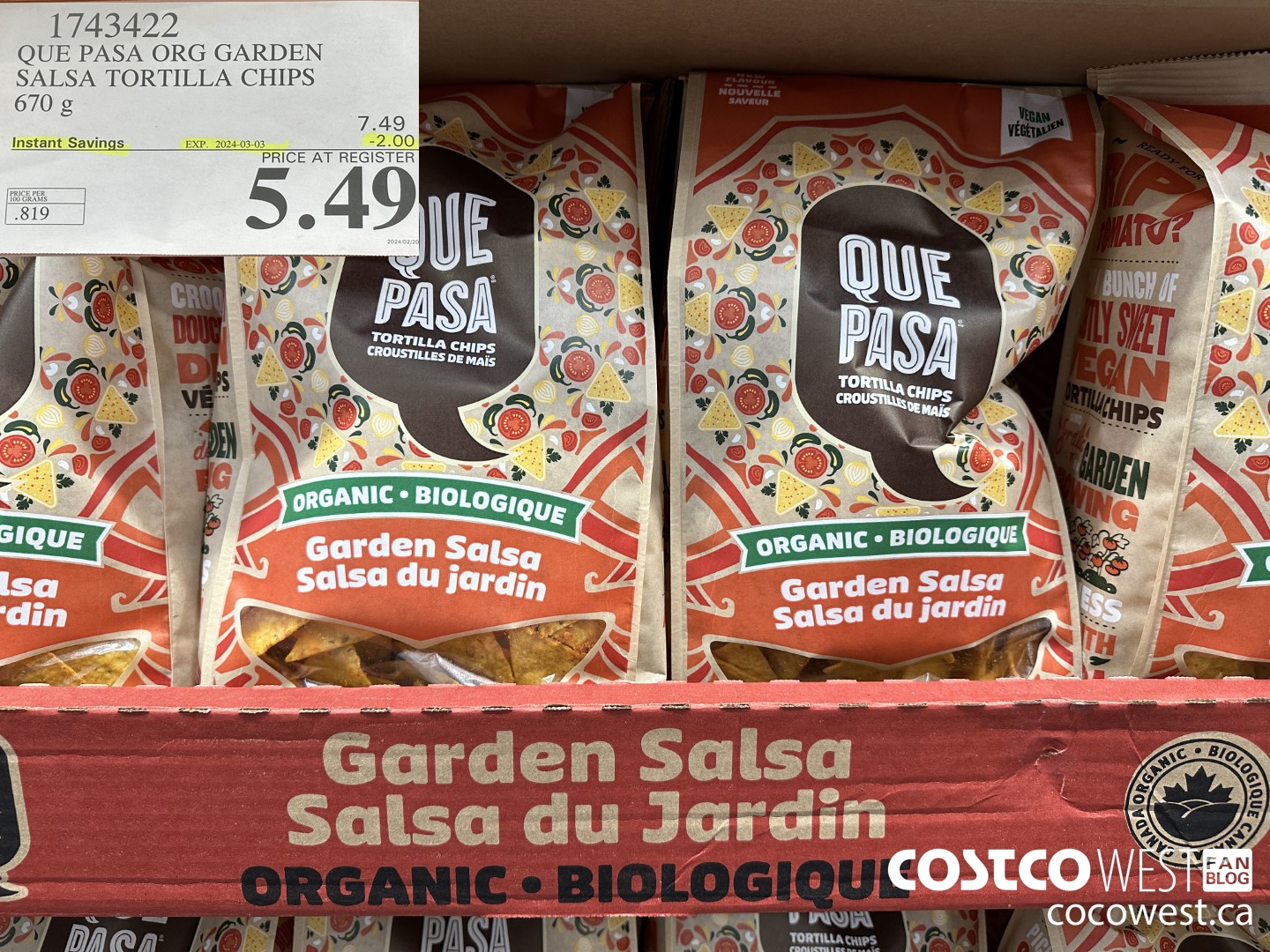 1743422 QUE PASA ORG GARDEN SALSA TORTILLA CHIPS 670 G ($2.00 INSTANT SAVINGS EXPIRES ON 2024-03-03) $5.49