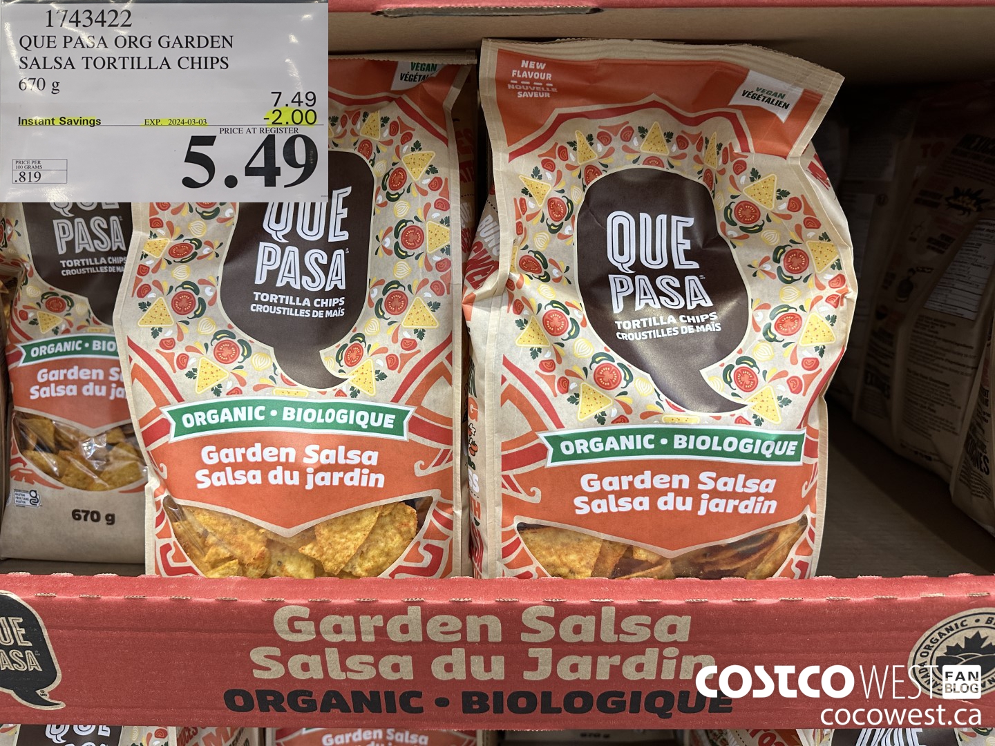 1743422 QUE PASA ORG GARDEN SALSA TORTILLA CHIPS 670 G ($2.00 INSTANT SAVINGS EXPIRES ON 2024-03-03) $5.49