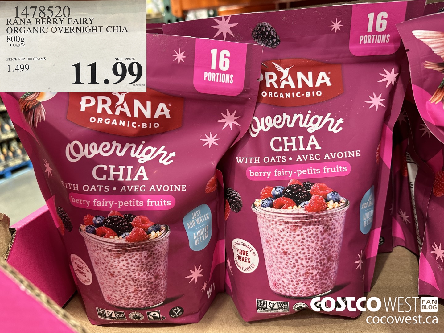 1478520 RANA BERRY FAIRY ORGANIC OVERNIGHT CHIA 800G $11.99