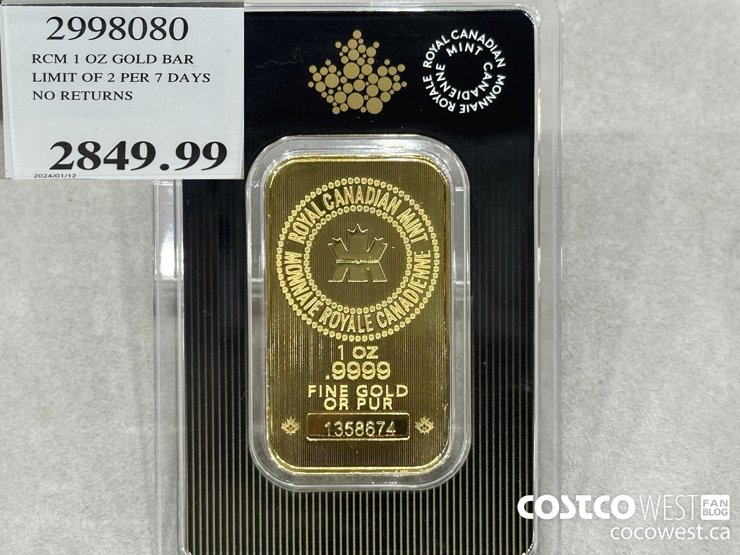 2998080 RCM 1 OZ GOLD BAR LIMIT OF 2 PER 7 DAYS NO RETURNS $2849.99