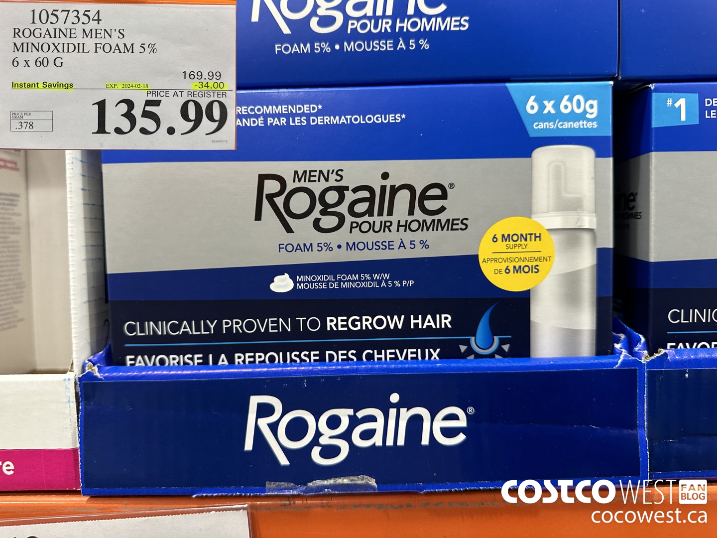 1057354 ROGAINE MEN'S MINOXIDIL FOAM 5% 6 X 60G ($34.00 INSTANT SAVINGS EXPIRES ON 2024-02-18) $135.99