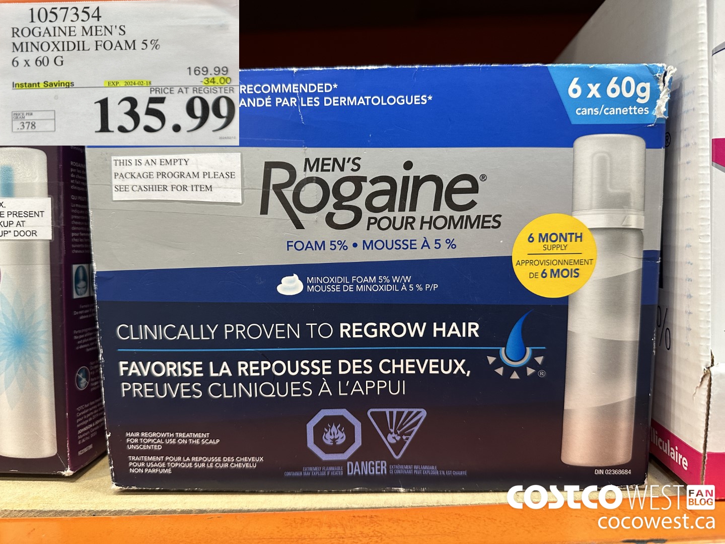 1057354 ROGAINE MEN'S MINOXIDIL FOAM 5% 6 X 60G ($34.00 INSTANT SAVINGS EXPIRES ON 2024-02-18) $135.99