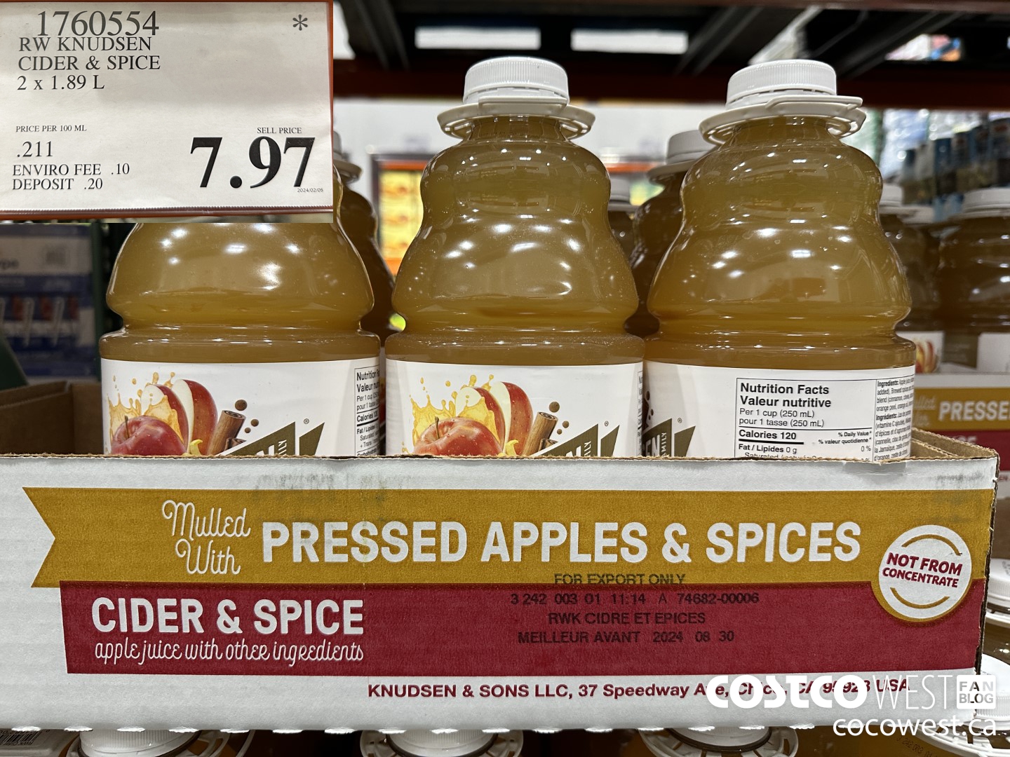 1760554 RW KNUDSEN CIDER & SPICE 2 X 1.89 L $7.97