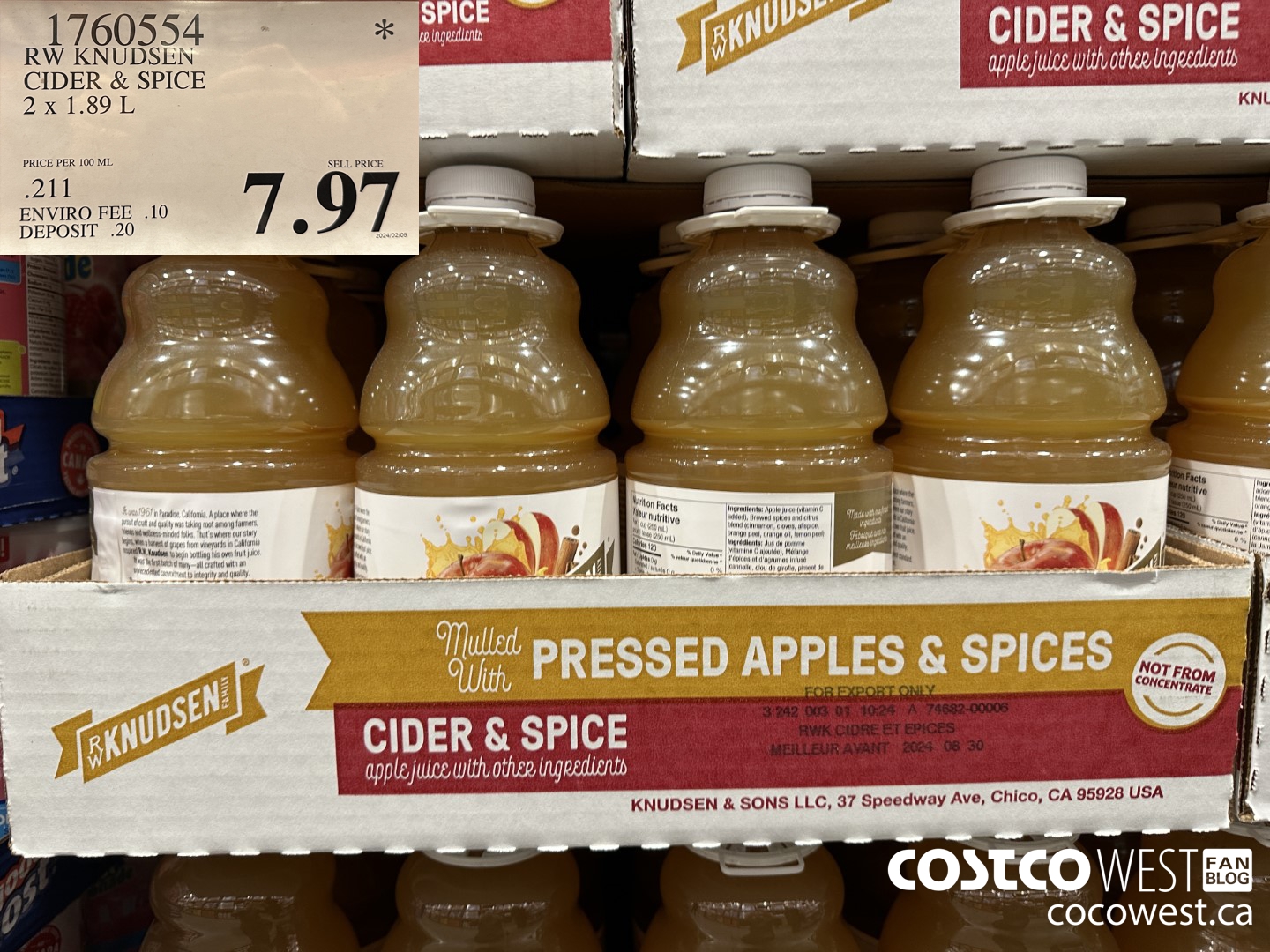 1760554 RW KNUDSEN CIDER & SPICE 2 X 1.89 L $7.97