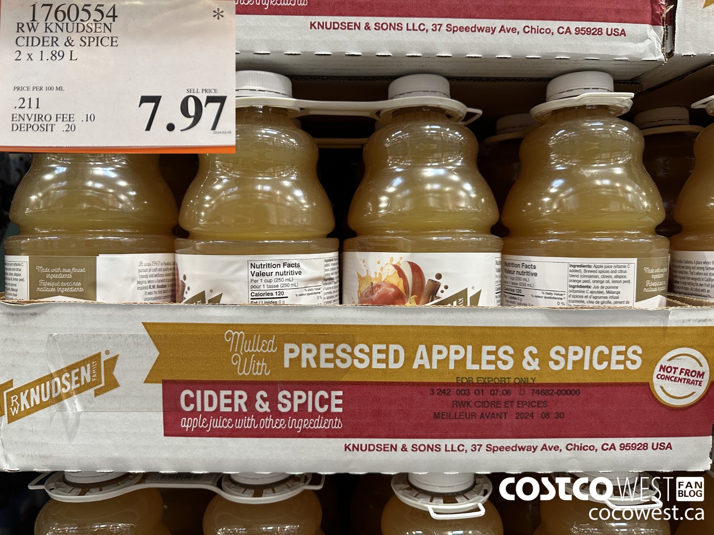1760554 RW KNUDSEN CIDER & SPICE 2 X 1.89 L $7.97