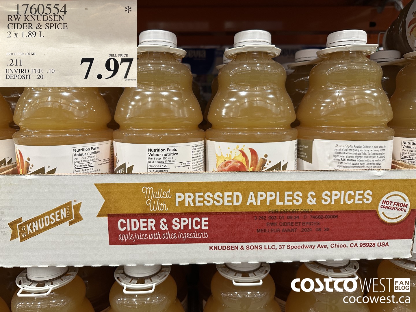 1760554 RW KNUDSEN CIDER & SPICE 2 X 1.89 L $7.97