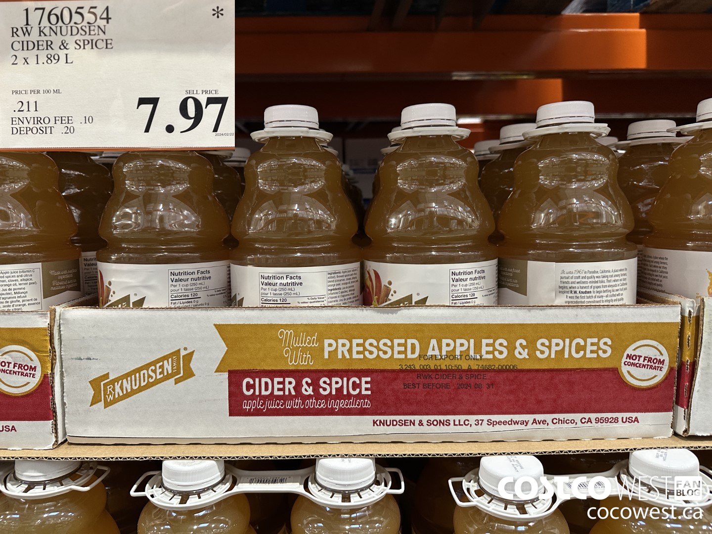 1760554 RW KNUDSEN CIDER & SPICE 2 X 1.89 L $7.97