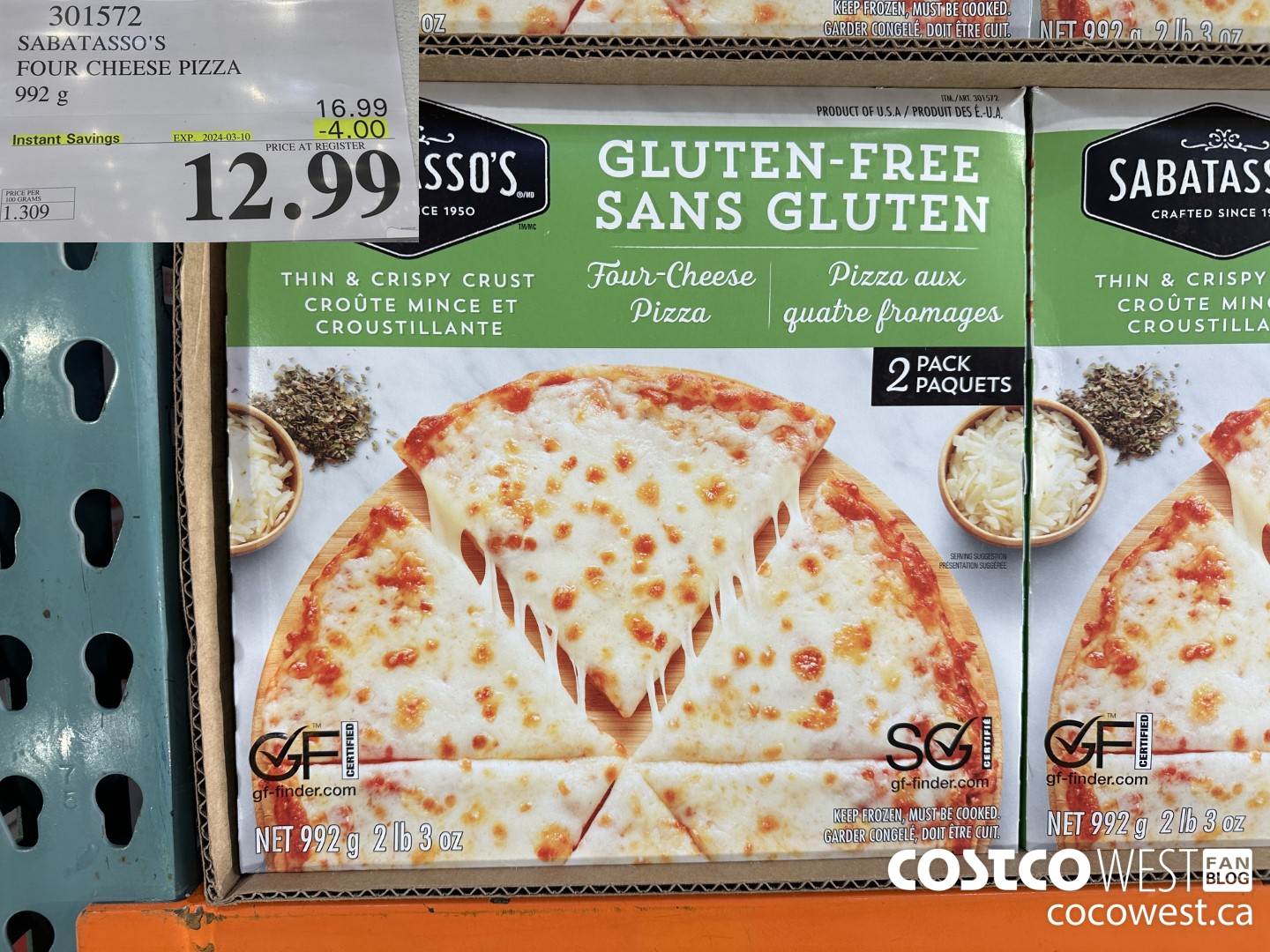 301572 SABATASSO'S GLUTEN-FREE CHEESE PIZZA 2 X 496 G ($4.00 INSTANT SAVINGS EXPIRES ON 2024-03-10) $12.99