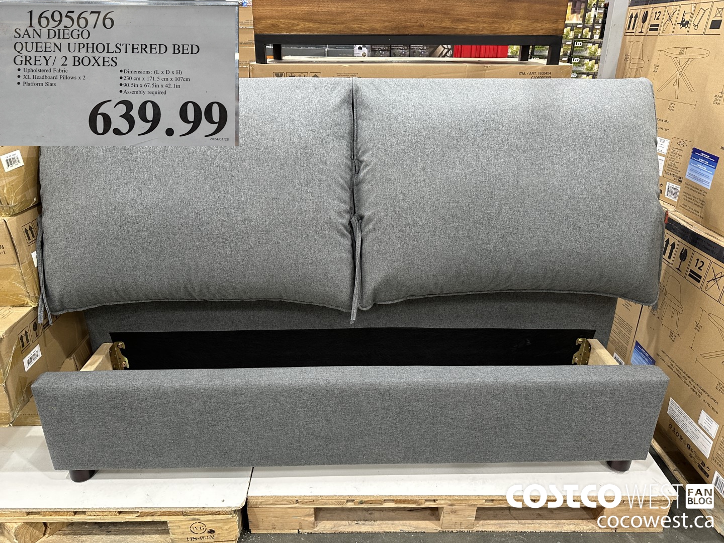 1695676 SAN DIEGO QUEEN UPHOLSTERED BED GREY / 2 BOXES $639.99