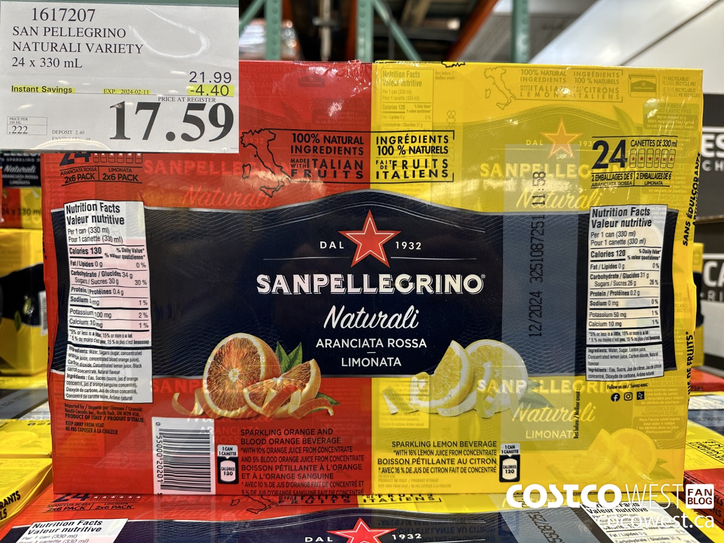 1617207 SAN PELLEGRINO NATURALI VARIETY 24 x 330 mL ($4.40 INSTANT SAVINGS EXPIRES ON 2024-02-11) $17.59