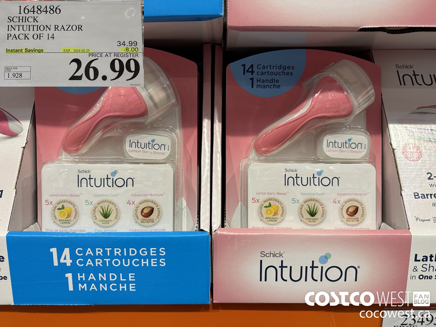 1648486 SCHICK INTUITION 14 CARTRIDGES + RAZOR ($8.00 INSTANT SAVINGS EXPIRES ON 2024-02-25) $26.99