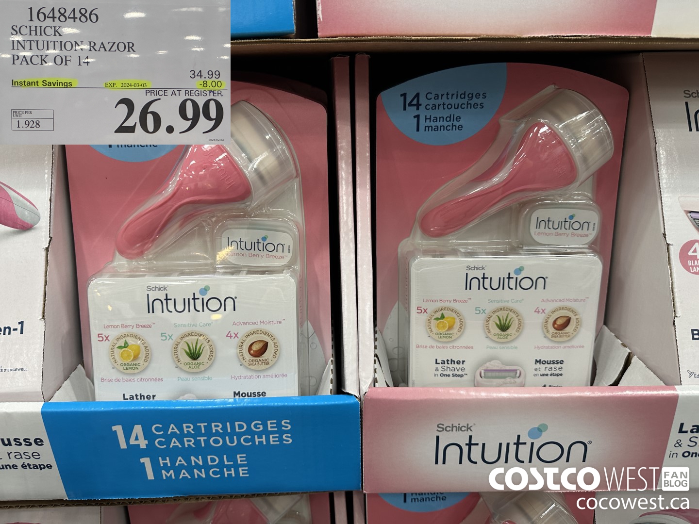 1648486 SCHICK INTUITION 14 CARTRIDGES + RAZOR ($8.00 INSTANT SAVINGS EXPIRES ON 2024-03-03) $26.99