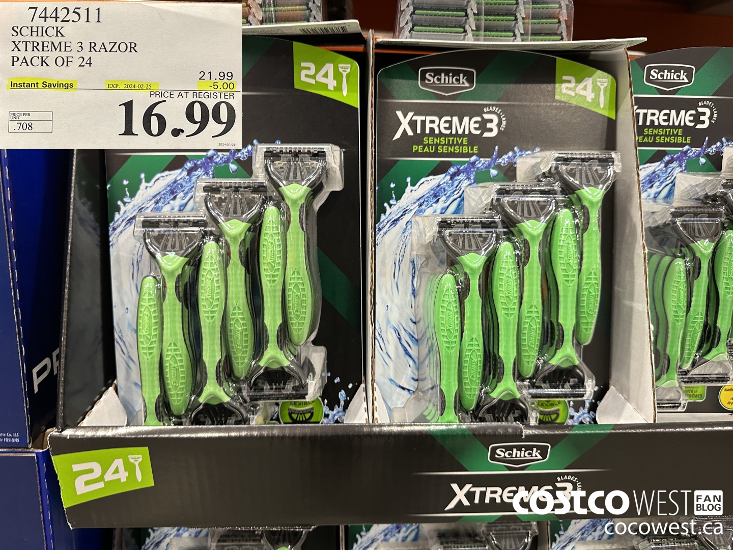 7442511 SCHICK XTREME3 DISPOSABLE RAZORS PACK OF 24 ($5.00 INSTANT SAVINGS EXPIRES ON 2024-02-25) $16.99