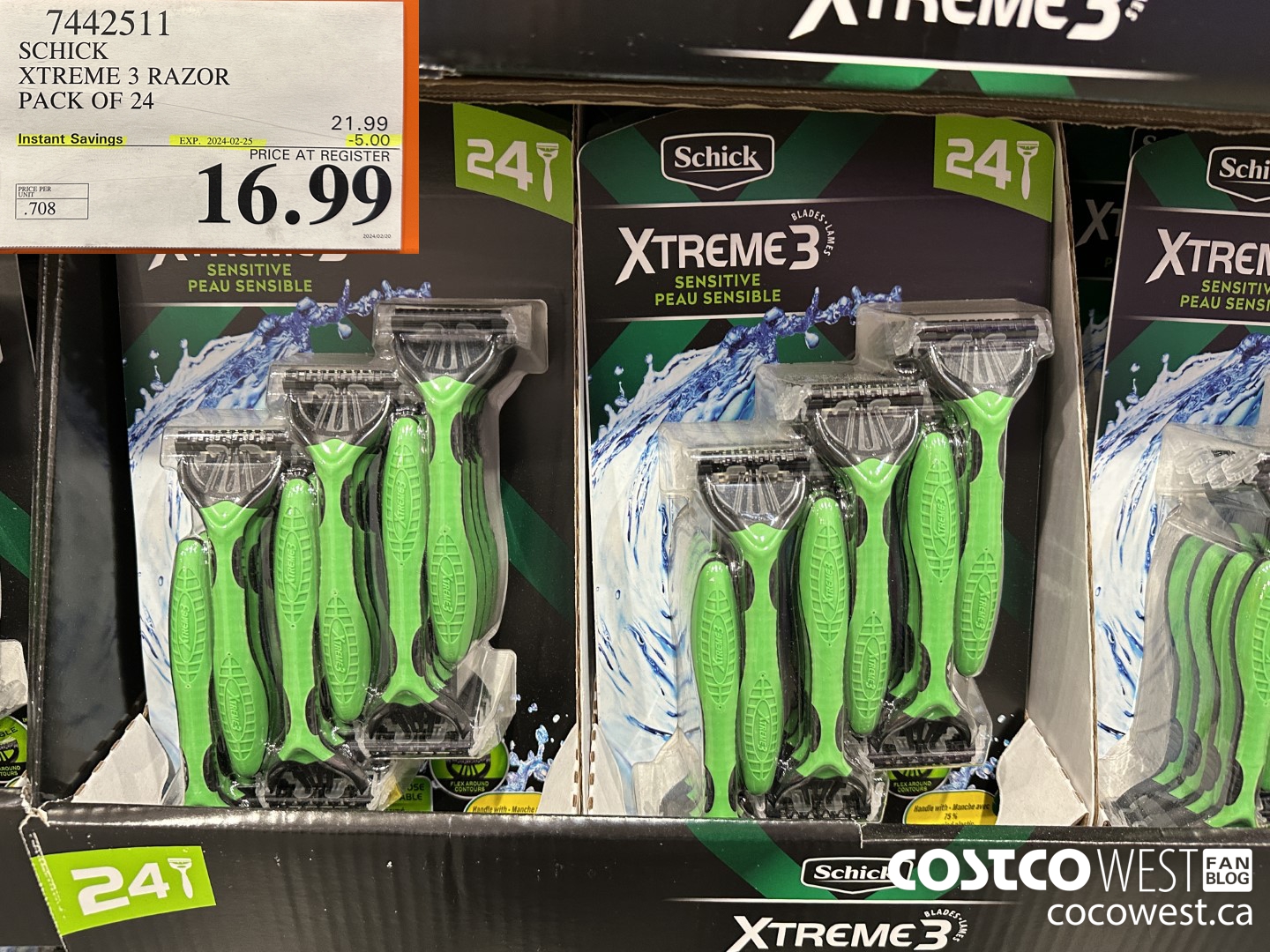 7442511 SCHICK XTREME3 DISPOSABLE RAZORS PACK OF 24 ($5.00 INSTANT SAVINGS EXPIRES ON 2024-02-25) $16.99