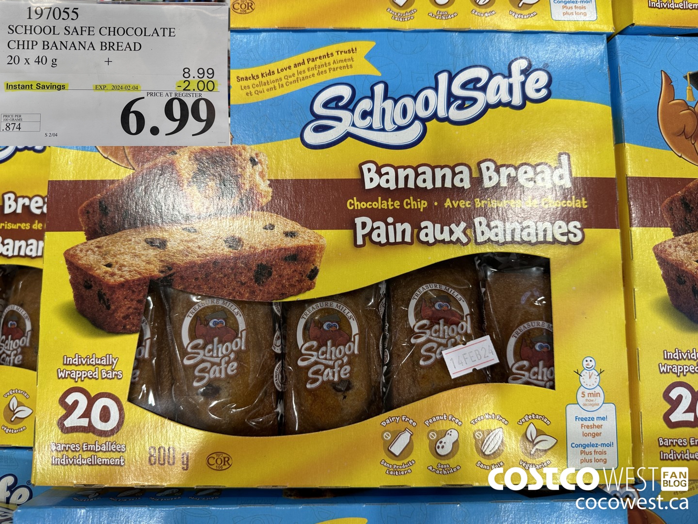 197055 SCHOOL SAFE CHOCOLATE CHIP BANANA BREAD 20 X 40 G ($2.00 INSTANT SAVINGS EXPIRES ON 2024-02-04) $6.99