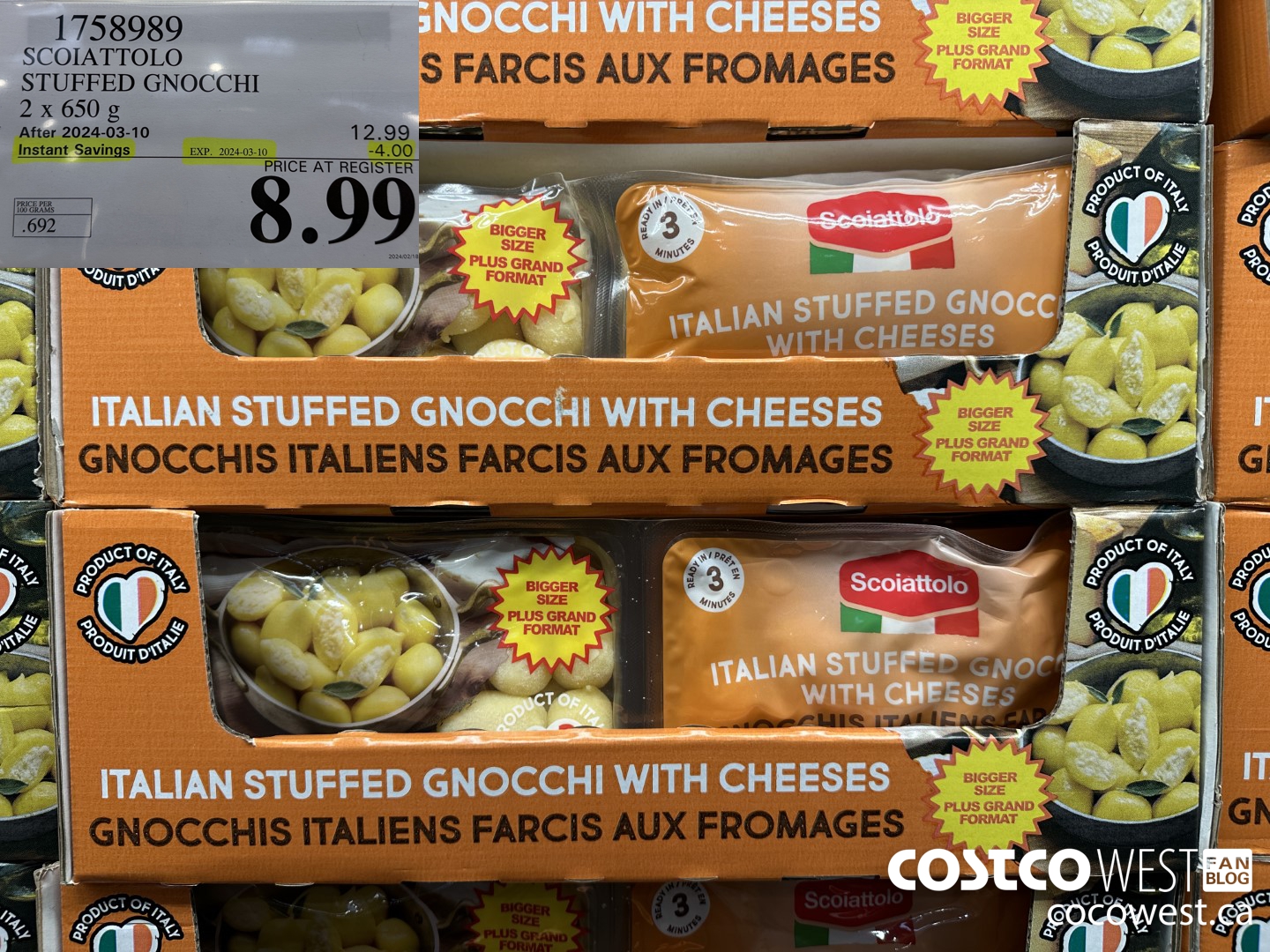 1758989 SCOIATTOLO STUFFED GNOCCHI 2 X 650G ($4.00 INSTANT SAVINGS EXPIRES ON 2024-03-10) $8.99