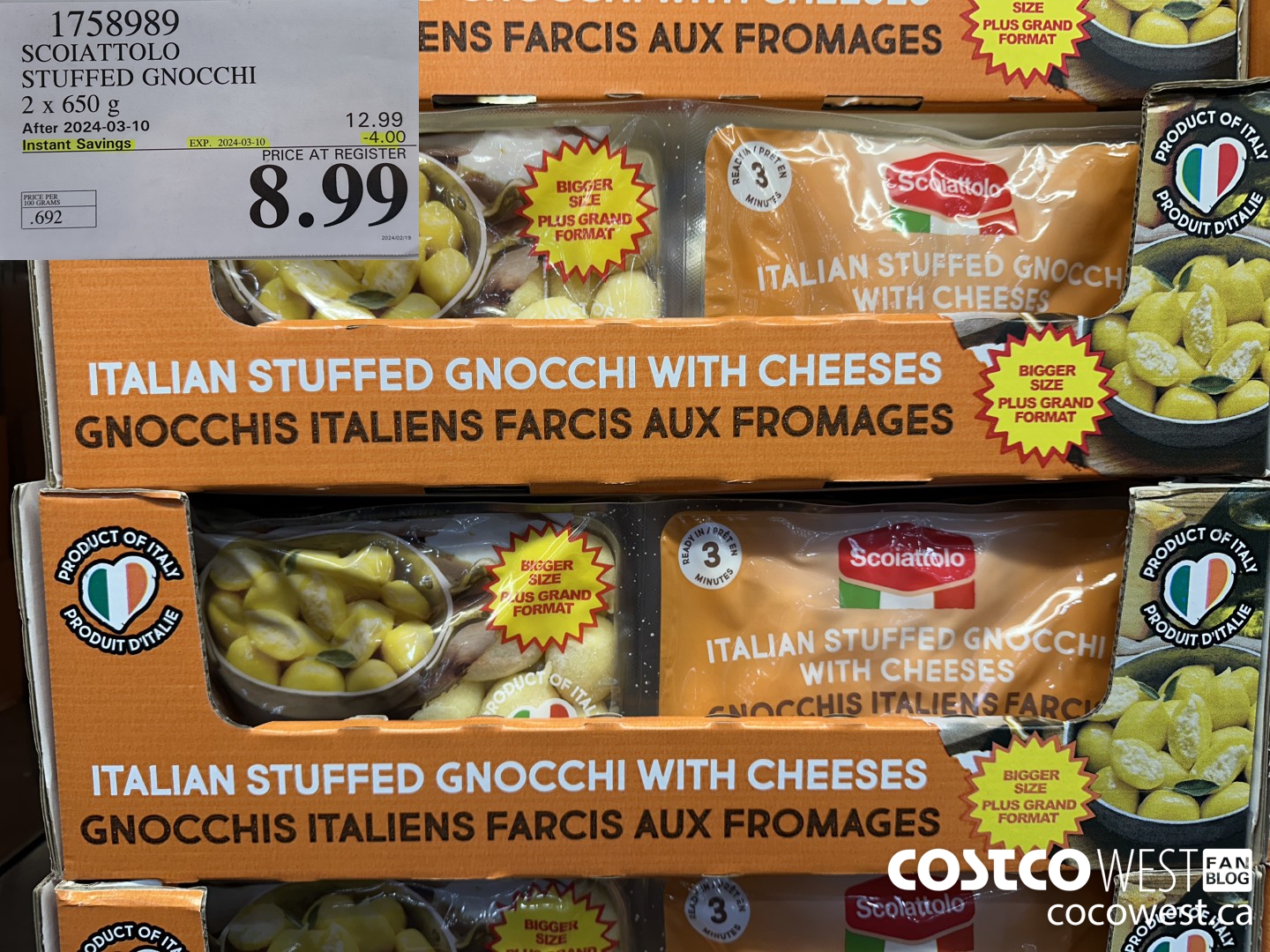 1758989 SCOIATTOLO STUFFED GNOCCHI 2 X 650G ($4.00 INSTANT SAVINGS EXPIRES ON 2024-03-10) $8.99