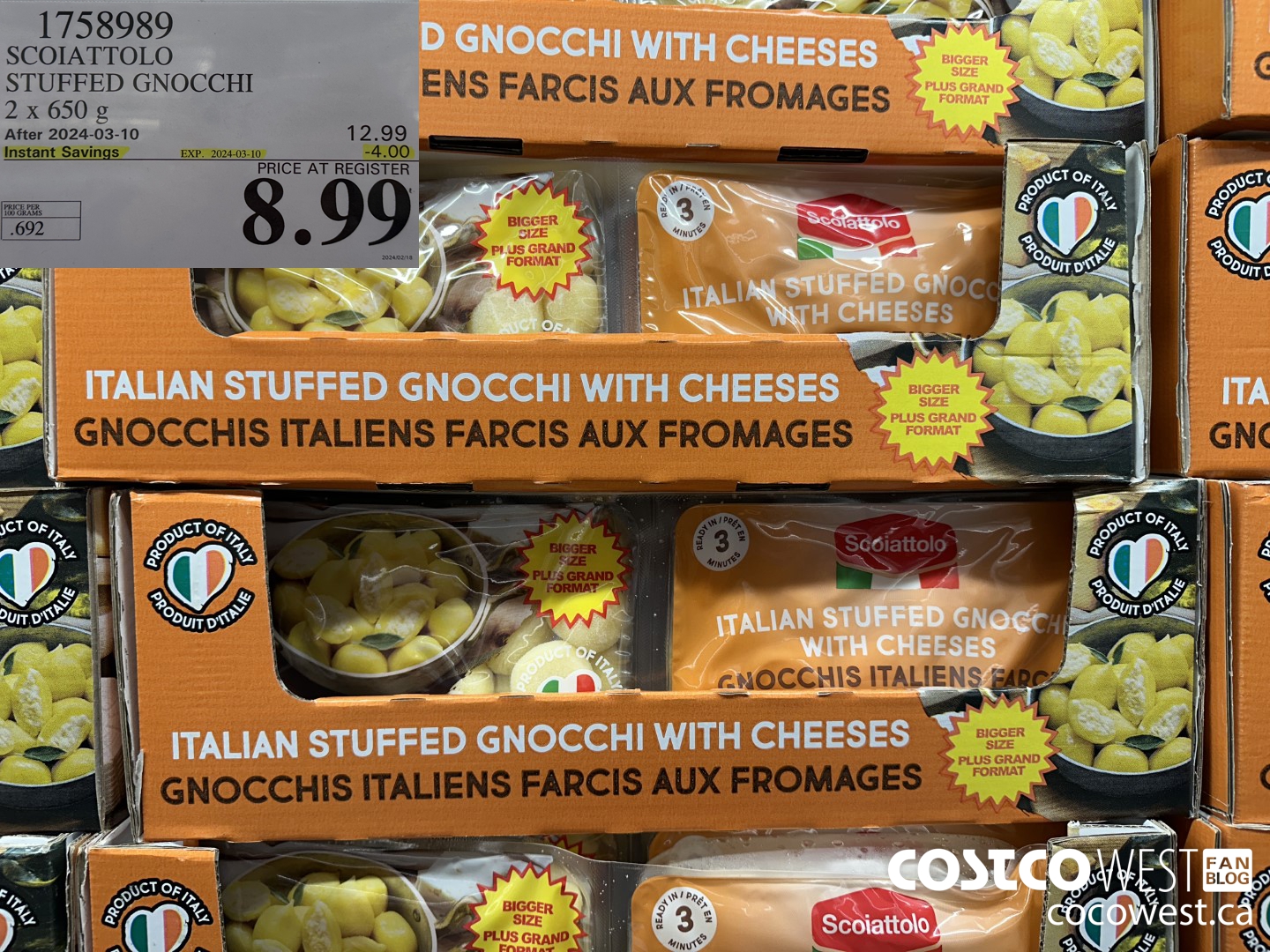 1758989 SCOIATTOLO STUFFED GNOCCHI 2 X 650G ($4.00 INSTANT SAVINGS EXPIRES ON 2024-03-10) $8.99