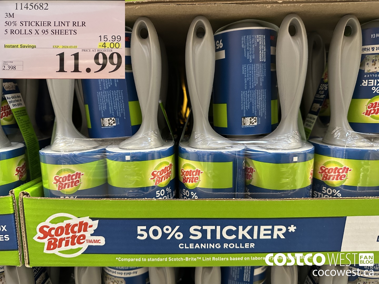 1145682 SCOTCH BRITE 50% STICKIER LINT RLR 5 ROLLS X 95 SHEETS ($4.00 INSTANT SAVINGS EXPIRES ON 2024-03-03) $11.99