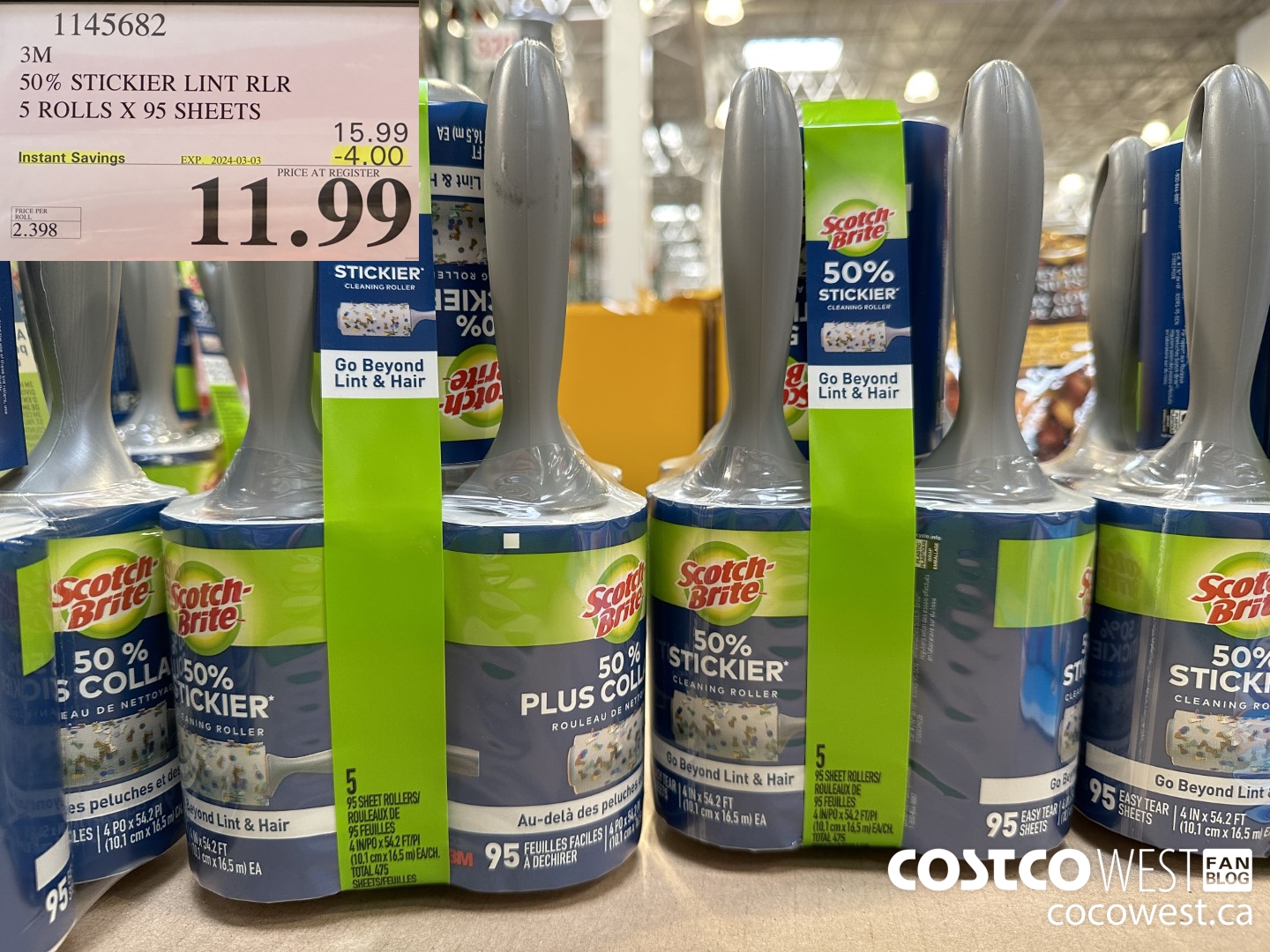 1145682 SCOTCH BRITE 50% STICKIER LINT RLR 5 ROLLS X 95 SHEETS ($4.00 INSTANT SAVINGS EXPIRES ON 2024-03-03) $11.99