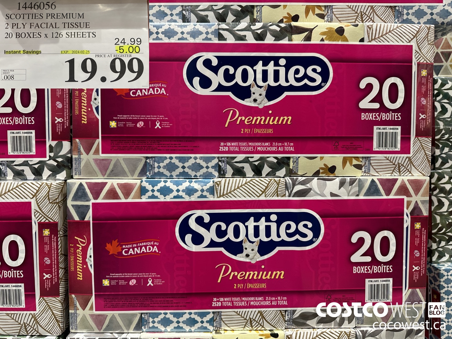1446056 SCOTTIES PREMIUM 2 PLY FACIAL TISSUE 20 BOXES x 126 SHEETS ($5.00 INSTANT SAVINGS EXPIRES ON 2024-02-25) $19.99