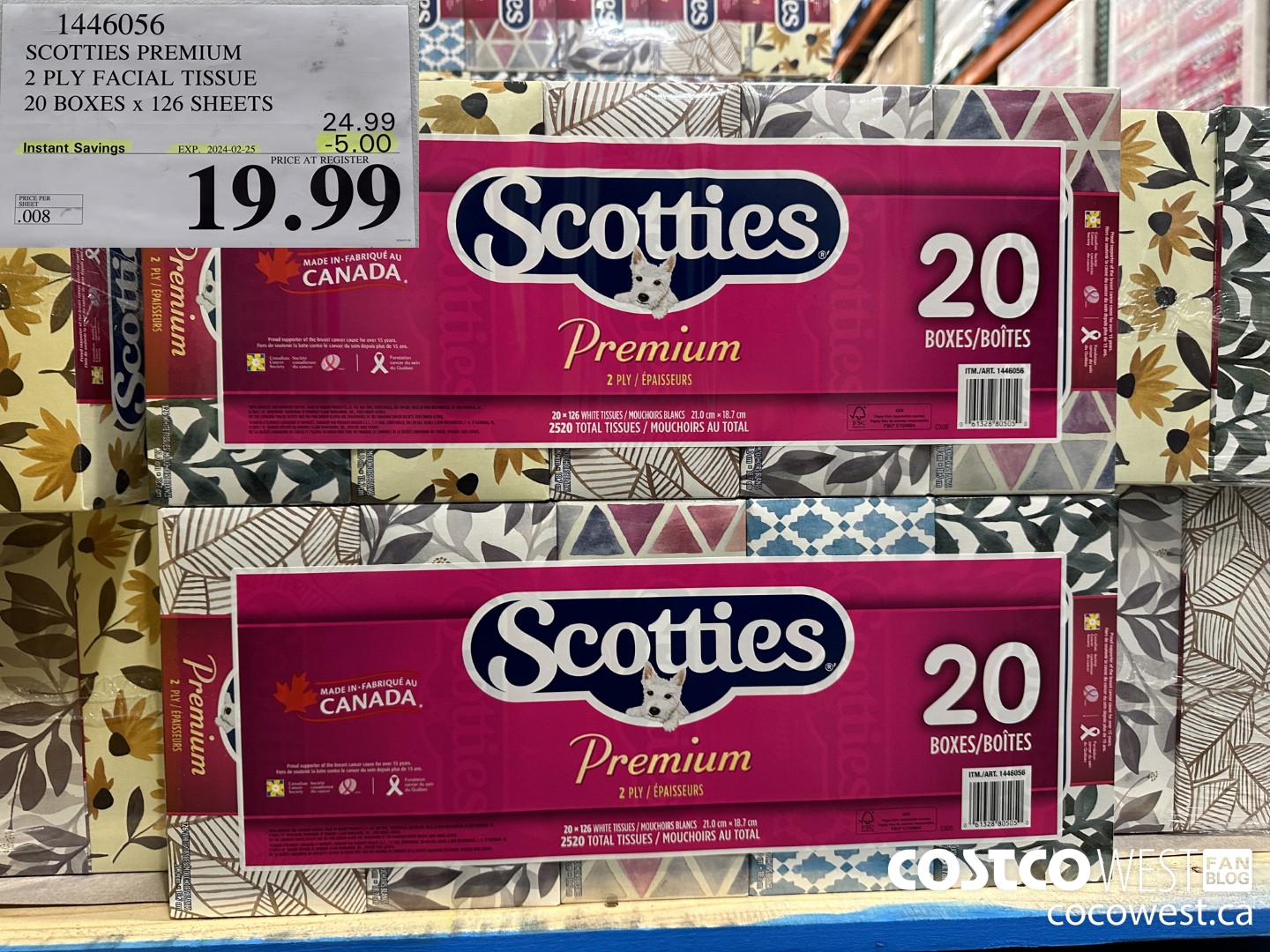 1446056 SCOTTIES PREMIUM 2 PLY FACIAL TISSUE 20 BOXES x 126 SHEETS ($5.00 INSTANT SAVINGS EXPIRES ON 2024-02-25) $19.99