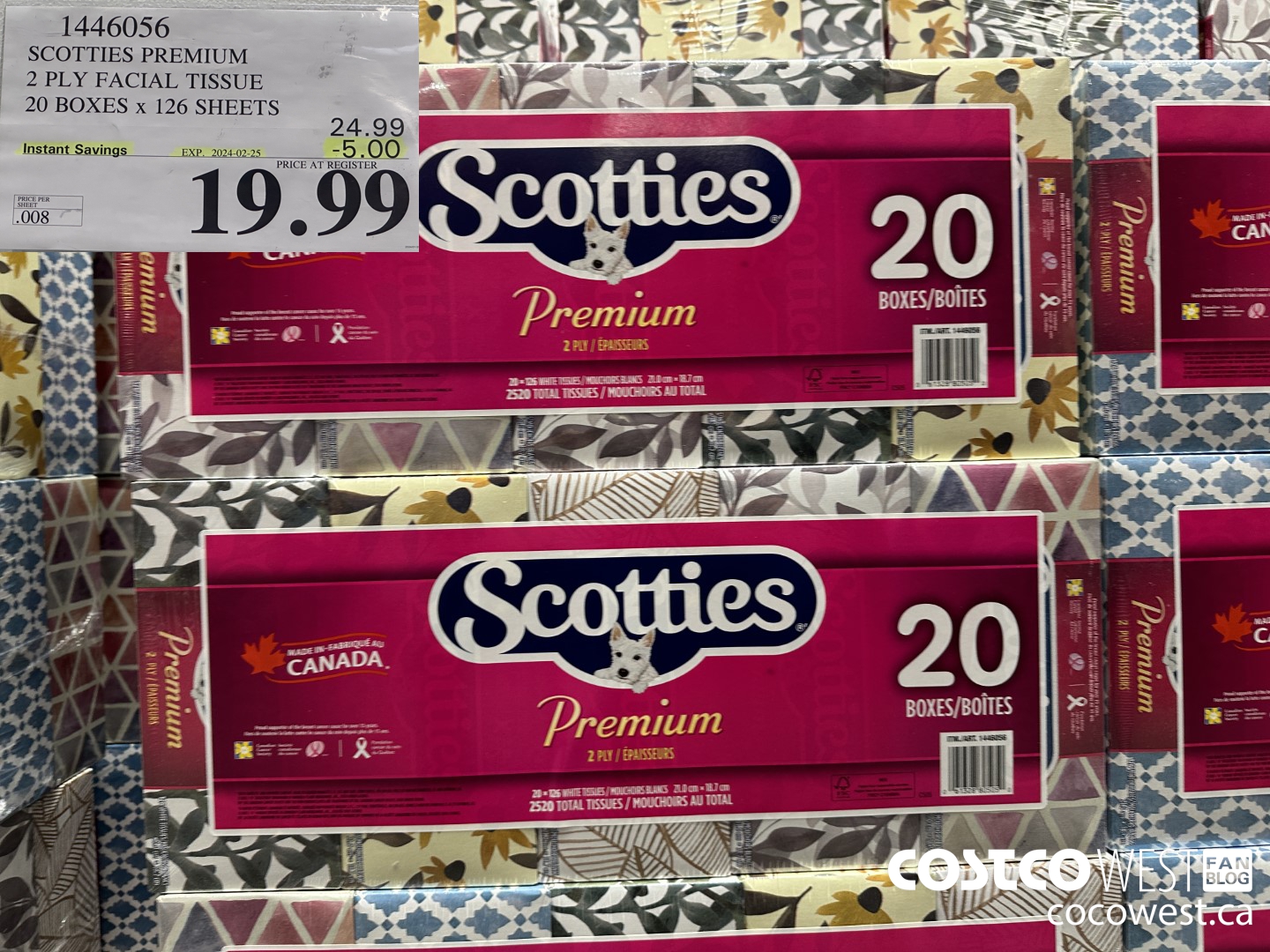 1446056 SCOTTIES PREMIUM 2 PLY FACIAL TISSUE 20 BOXES x 126 SHEETS ($5.00 INSTANT SAVINGS EXPIRES ON 2024-02-25) $19.99