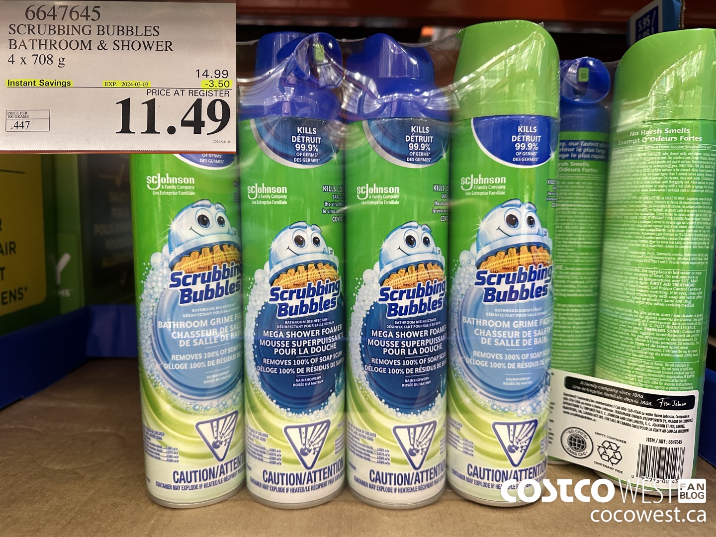 6647645 SCRUBBING BUBBLES BATHROOM & SHOWER 4 X 708G ($3.50 INSTANT SAVINGS EXPIRES ON 2024-03-03) $11.49