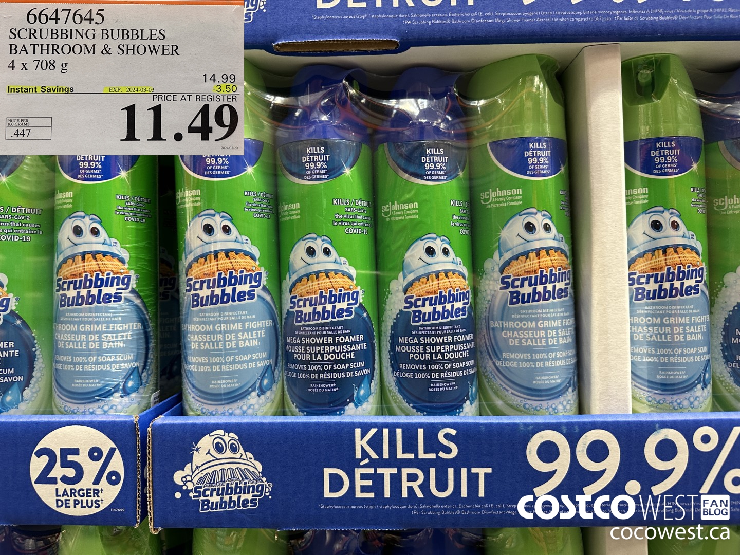 6647645 SCRUBBING BUBBLES BATHROOM & SHOWER 4 X 708G ($3.50 INSTANT SAVINGS EXPIRES ON 2024-03-03) $11.49