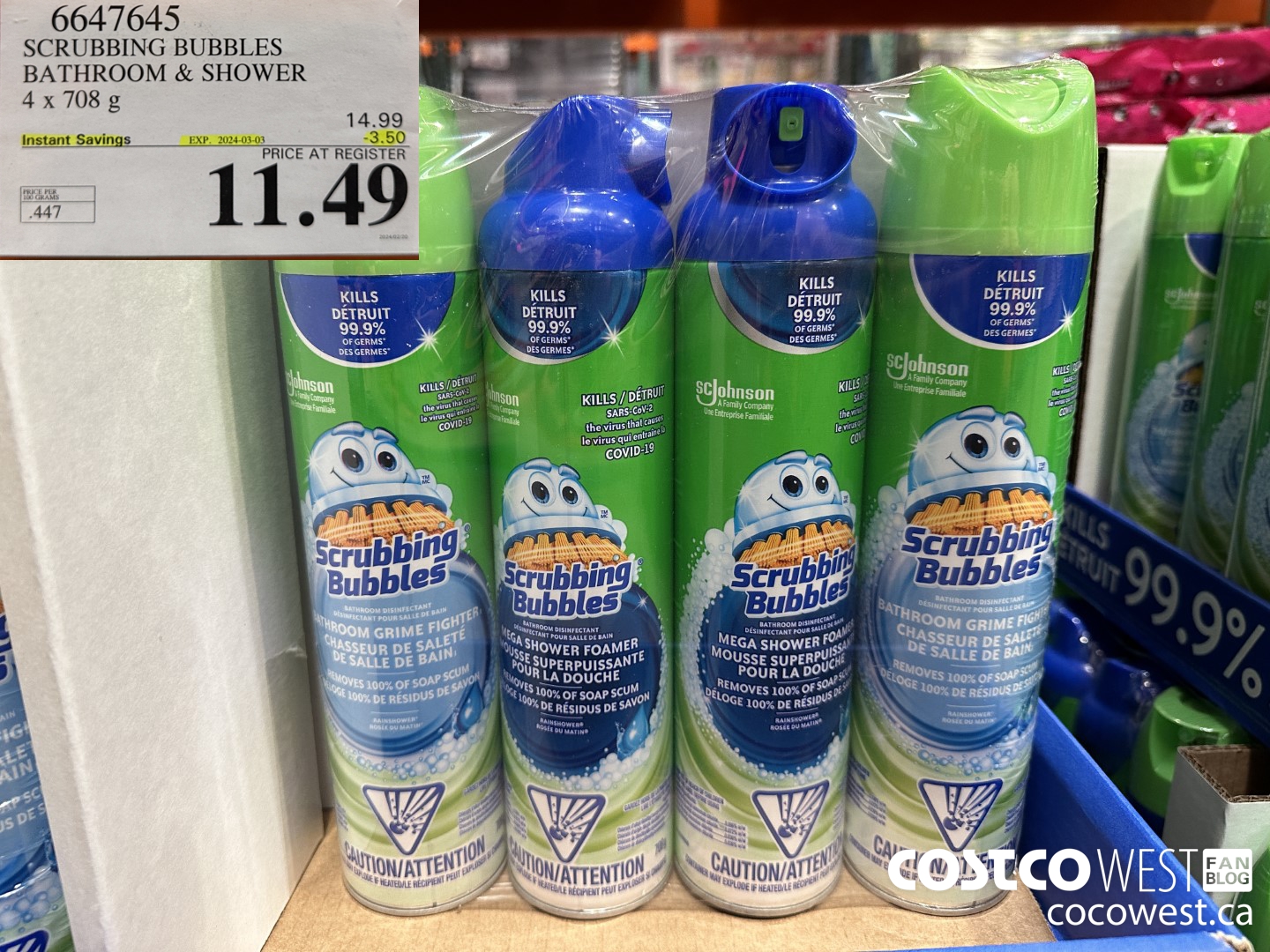 6647645 SCRUBBING BUBBLES BATHROOM & SHOWER 4 X 708G ($3.50 INSTANT SAVINGS EXPIRES ON 2024-03-03) $11.49