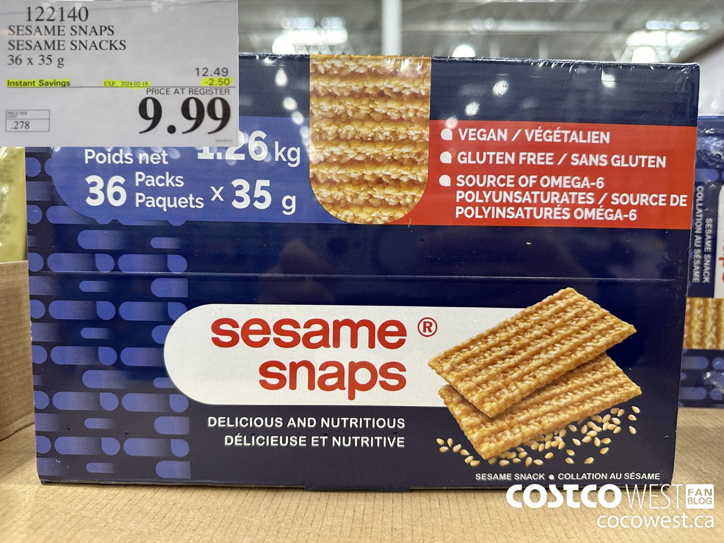 122140 SESAME SNAPS SESAME SNACKS 36 x 35 g ($2.50 INSTANT SAVINGS EXPIRES ON 2024-02-18) $9.99