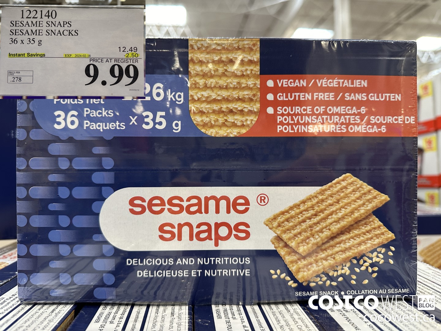 122140 SESAME SNAPS SESAME SNACKS 36 x 35 g ($2.50 INSTANT SAVINGS EXPIRES ON 2024-02-18) $9.99