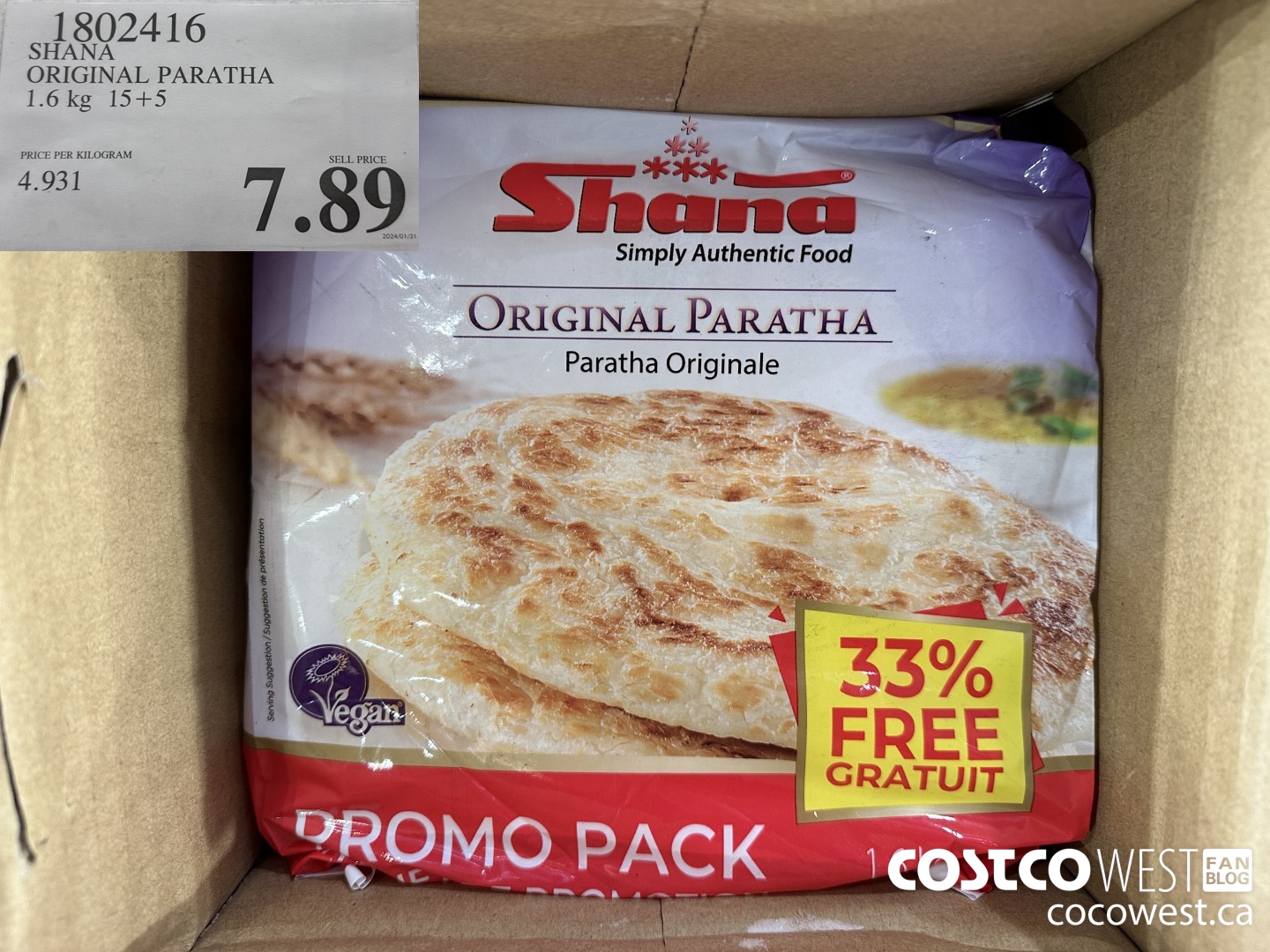 1802416 SHANA ORIGINAL PARATHA 1.6KG 15+5 $7.89