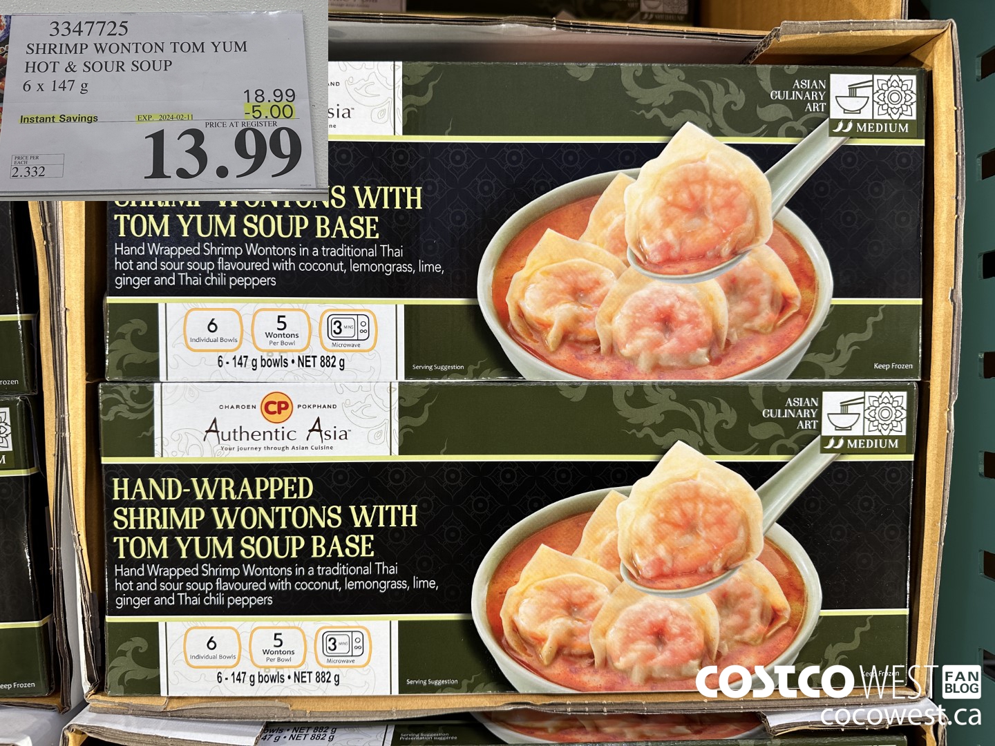 3347725 SHRIMP WONTON TOM YUM HOT & SOUR SOUP 6 X 147 G ($5.00 INSTANT SAVINGS EXPIRES ON 2024-02-11) $13.99
