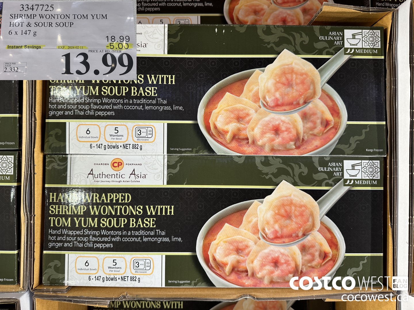 3347725 SHRIMP WONTON TOM YUM HOT & SOUR SOUP 6 X 147 G ($5.00 INSTANT SAVINGS EXPIRES ON 2024-02-11) $13.99