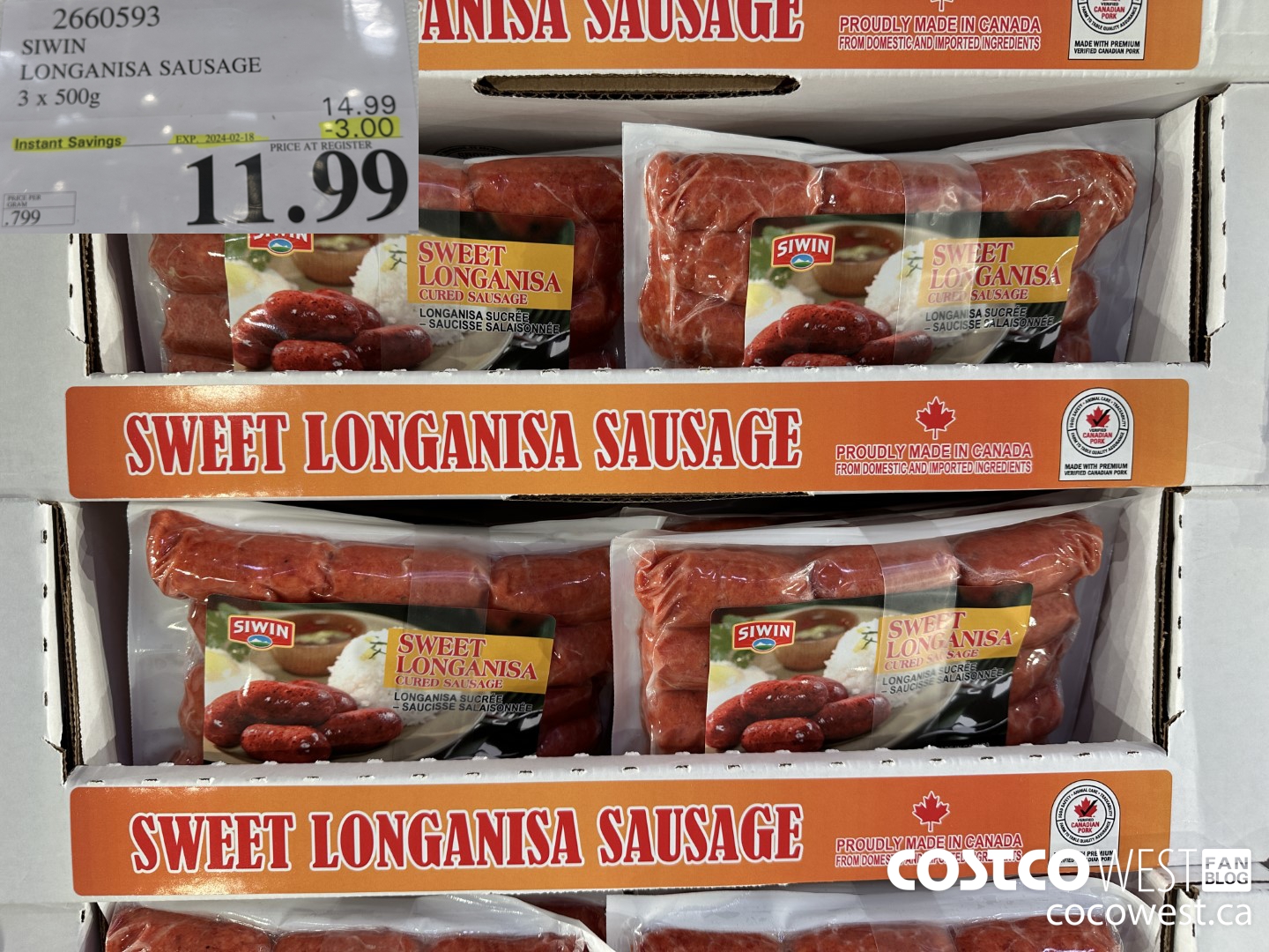 2660593 SIWIN LONGANISA SAUSAGE 3 x 500g ($3.00 INSTANT SAVINGS EXPIRES ON 2024-02-18) $11.99