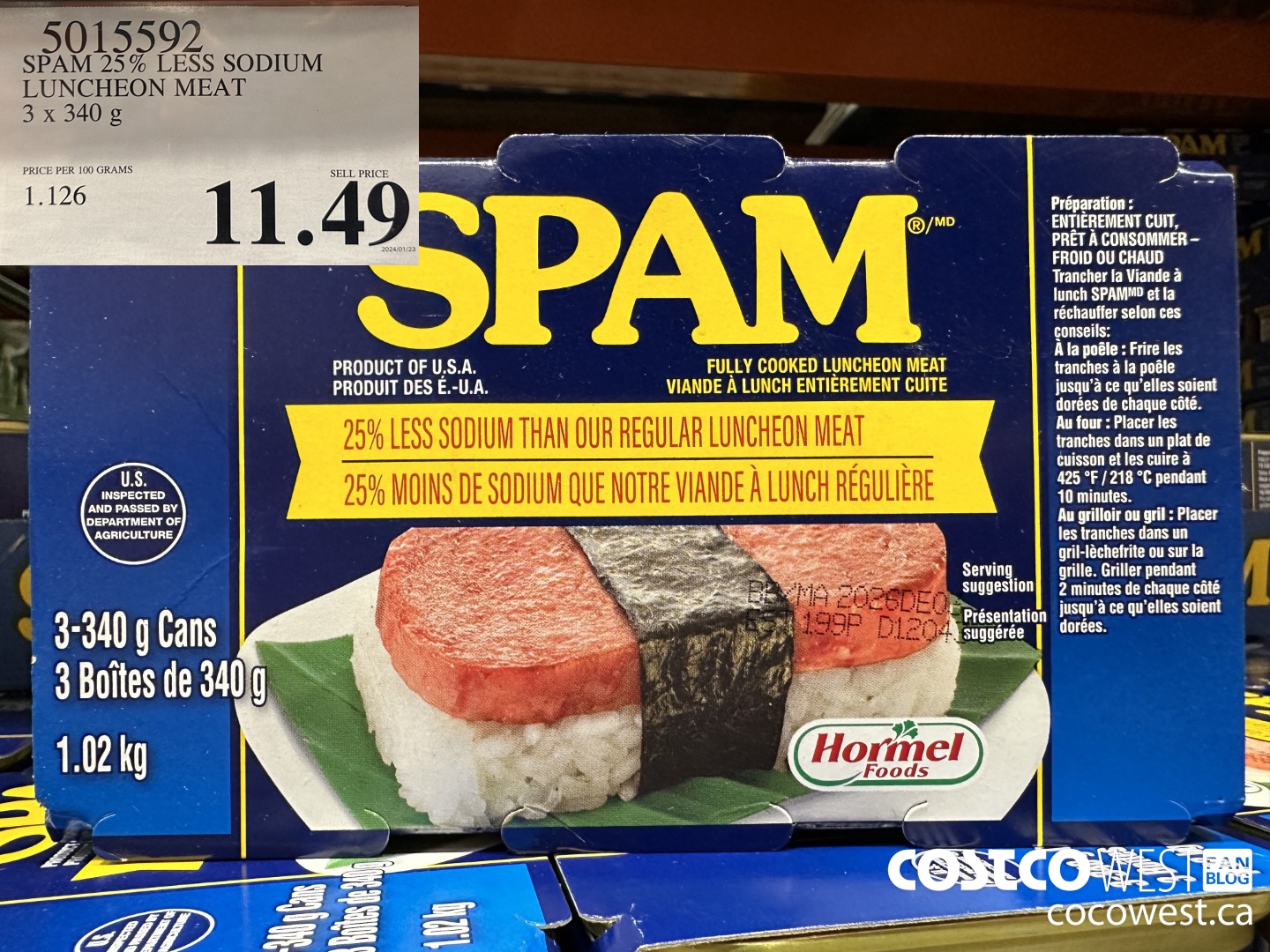 5015592 SPAM LESS SODIUM LUNCHEON MEAT 3 X 340G $11.49