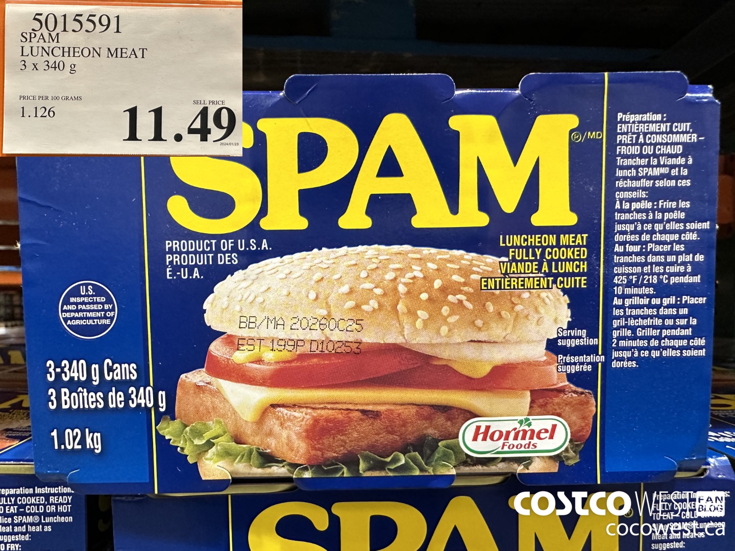 5015591 SPAM LUNCHEON MEAT 3 X 340 G $11.49