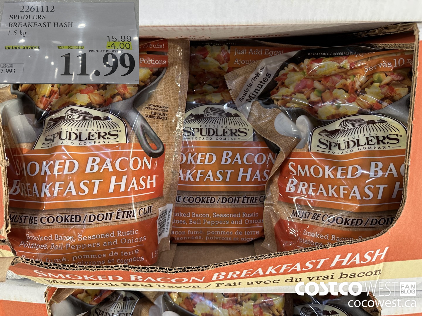 2261112 SPUDLERS BREAKFAST HASH 1.5 KG ($4.00 INSTANT SAVINGS EXPIRES ON 2024-02-25) $11.99