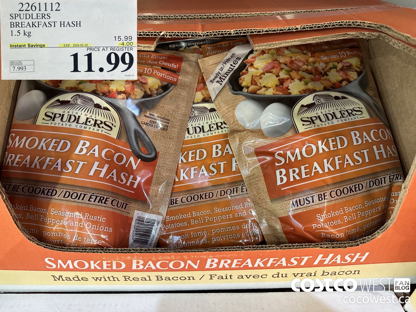 2261112 SPUDLERS BREAKFAST HASH 1.5 KG ($4.00 INSTANT SAVINGS EXPIRES ON 2024-02-25) $11.99