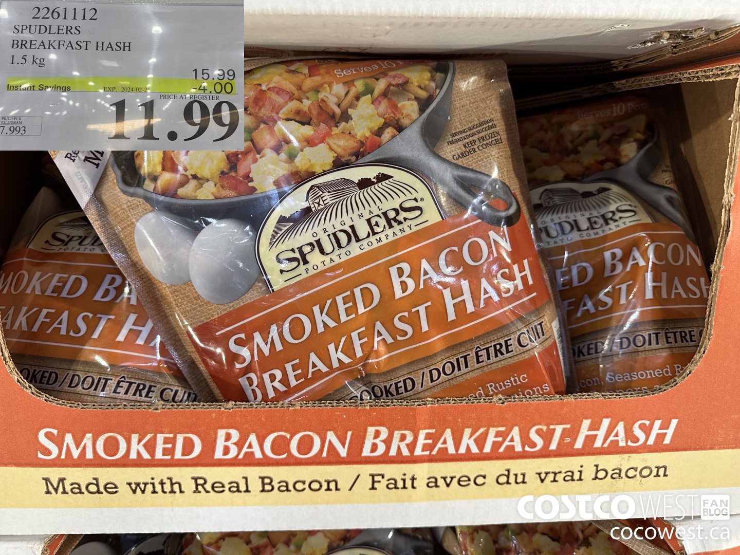 2261112 SPUDLERS BREAKFAST HASH 1.5 KG ($4.00 INSTANT SAVINGS EXPIRES ON 2024-02-25) $11.99