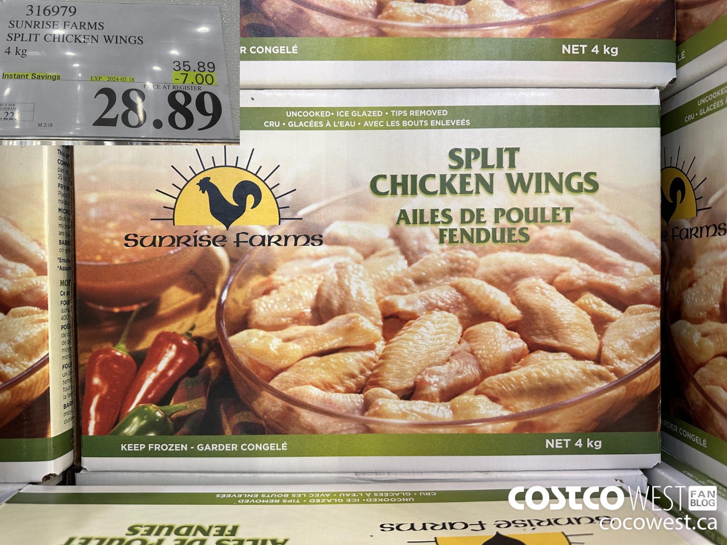 316979 SUNRISE FARMS SPLIT CHICKEN WINGS 4 kg ($7.00 INSTANT SAVINGS EXPIRES ON 2024-02-18) $28.89